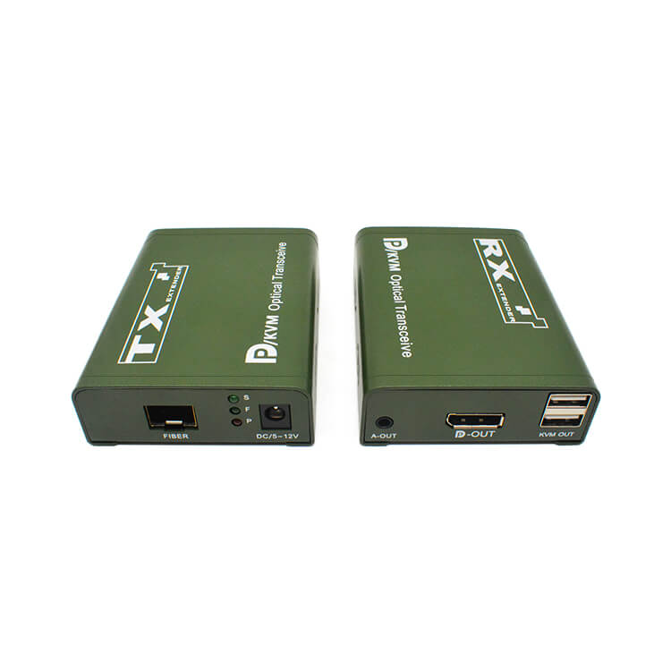 Le port fibre, 3 indicateurs et 1 port d'alimentation de TX. Le RX poss&egrave;de 1 interface pour aduio, 1 sortie dp et 1 sortie KVM